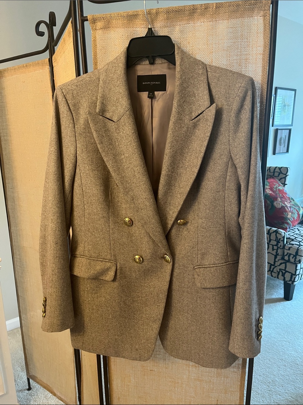 Banana Republic Taupe Double-Breasted Wool-Blend Blazer. Herringbone